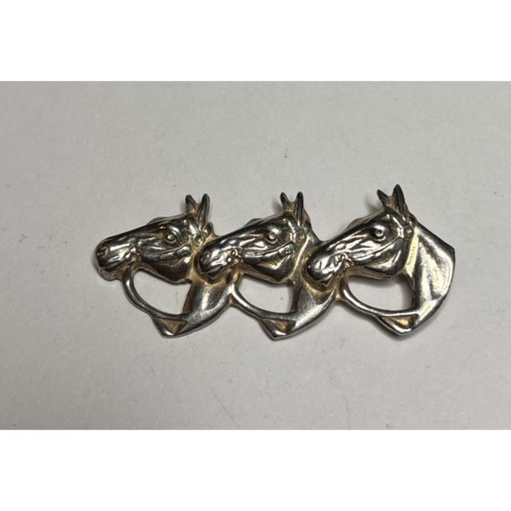 Vintage Sterling Silver Triple Horse Head Brooch Pin Equestrian Riding Jewelry